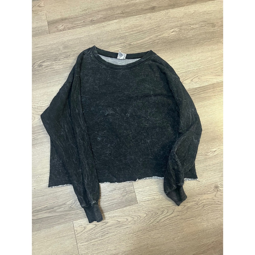 Love Vintage Acid Wash Cropped Sweatshirt Black Raw Hem Frayed Edge Small